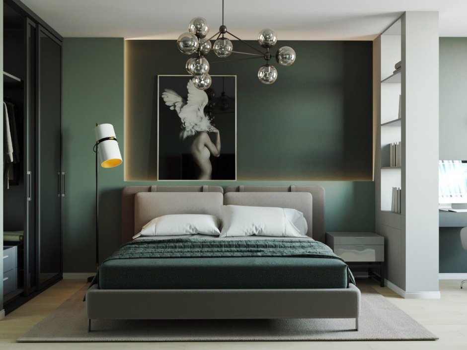 Дизайн спальни с зелёной кроватью и с тумбами