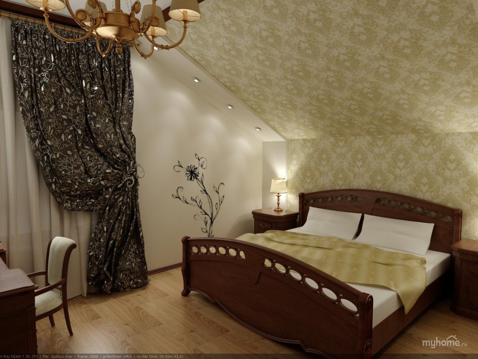 Спальня с мансардной крышей в классическом стиле