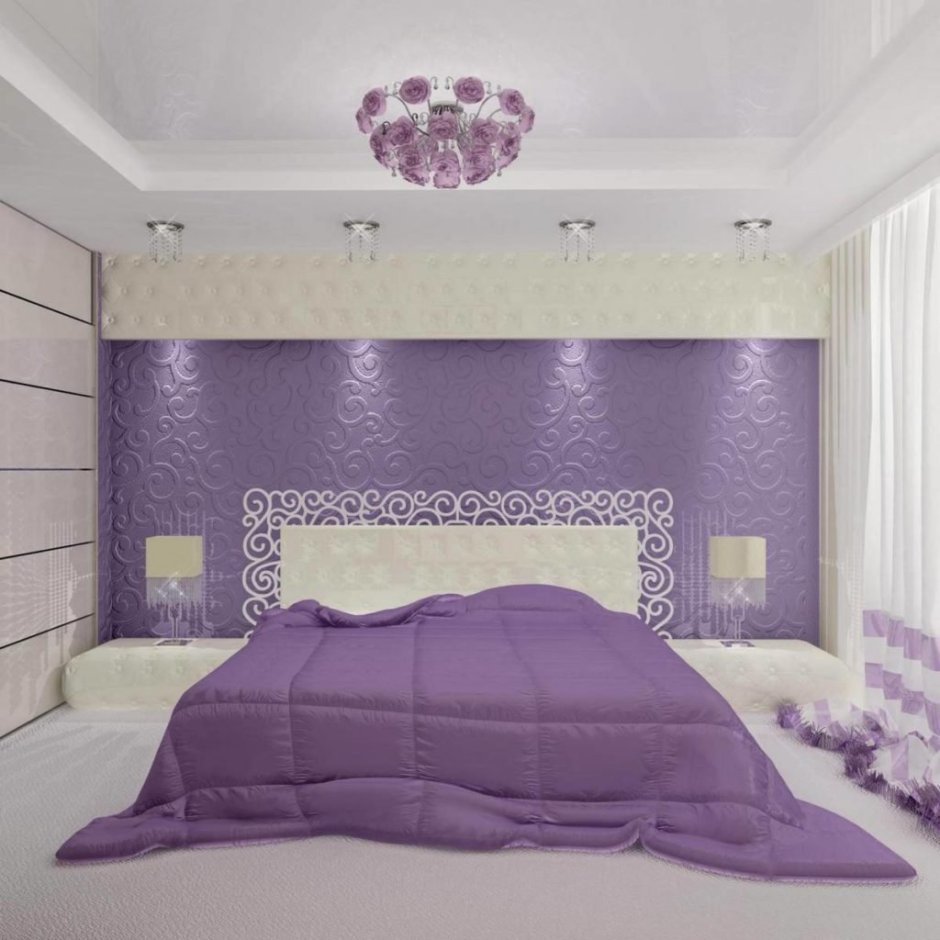 Фиолетовые обои в спальне
