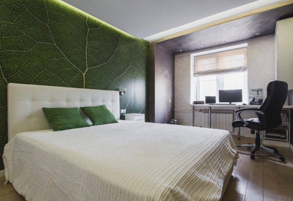 Зеленая маленькая спальня с фотообоями