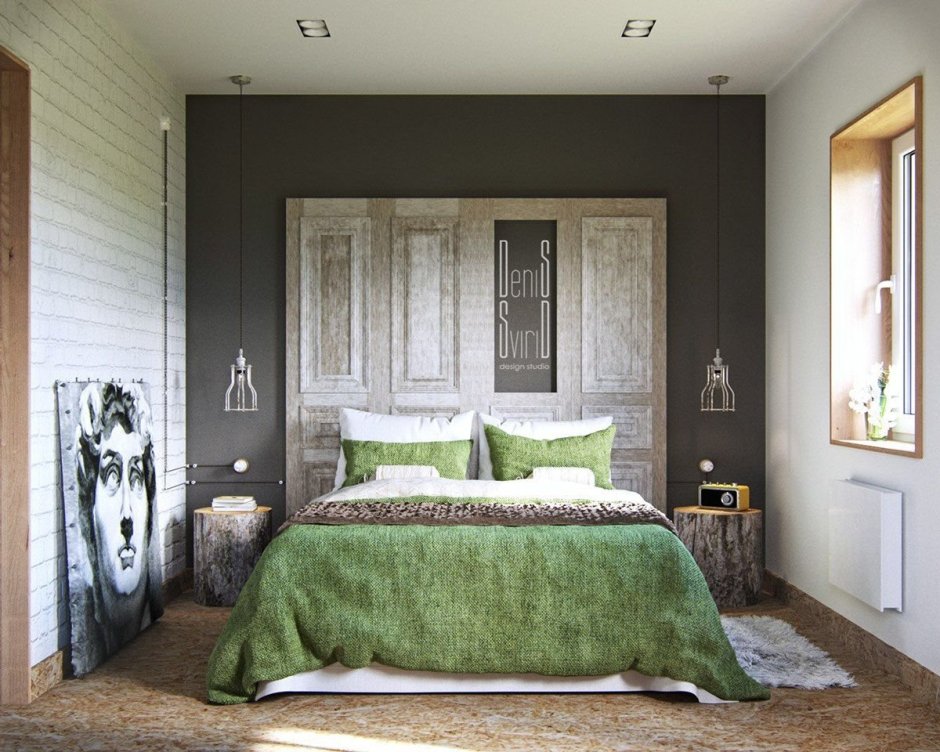 Интерьер маленькой спальни в тонах какао и зеленый