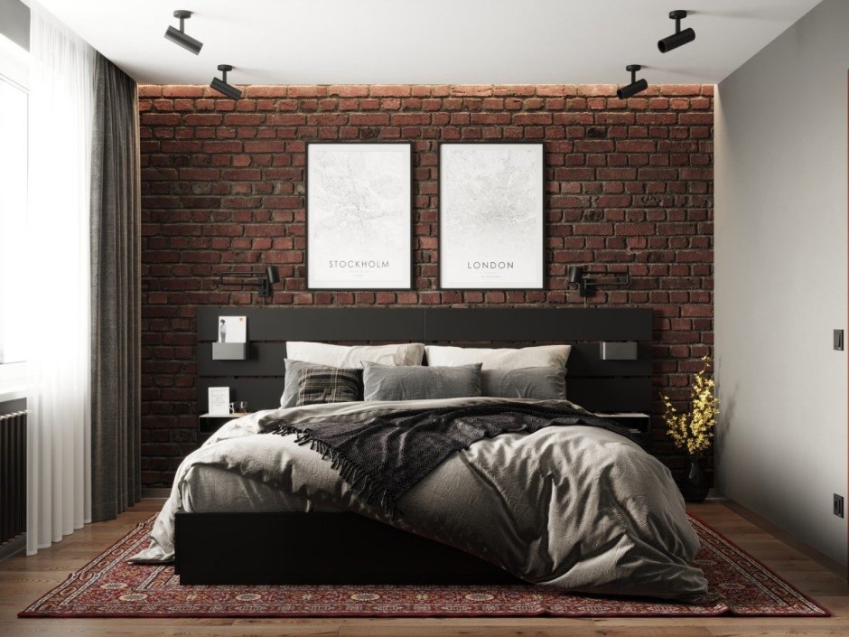 Кирпичная стена в интерьере спальни