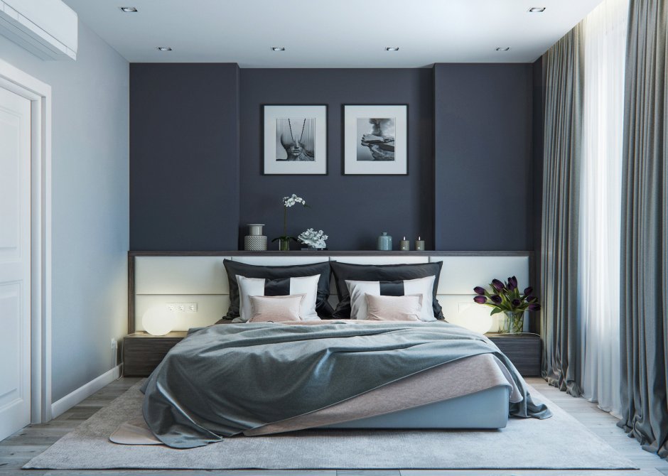 Дизайн спальни в сером цвете (74 фото)