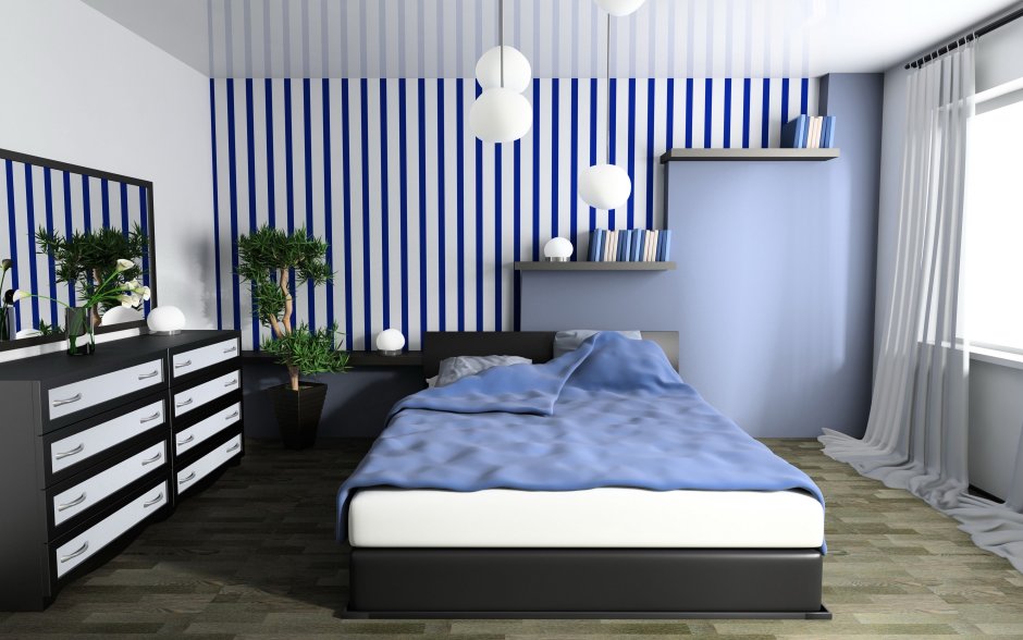 Синяя спальня с рейками