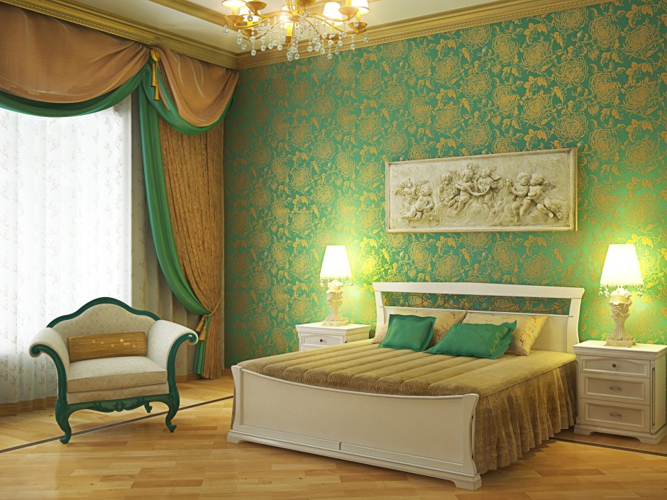 Спальня в зеленых тонах классика