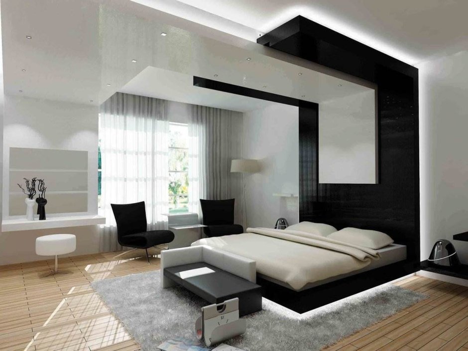 Дизайн спальни в современном стиле с серым потолком
