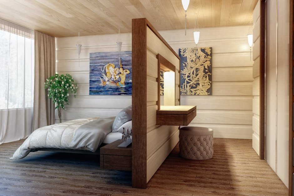 Спальня в эко стиле в деревянном доме