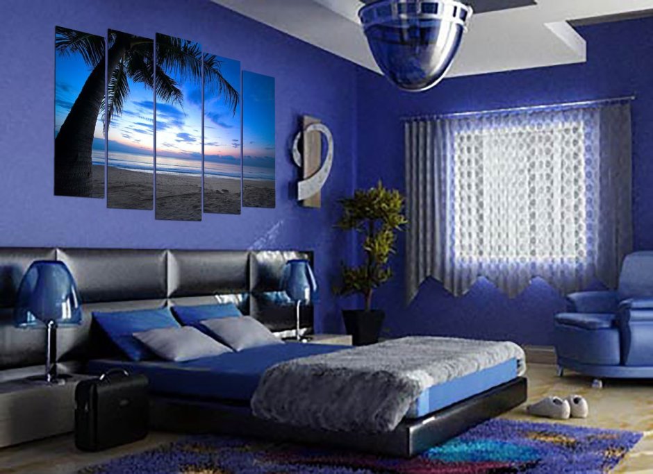 Спальня с синими обоями (75 фото)