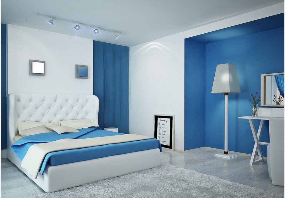 Синий оттенок спальни с рейками