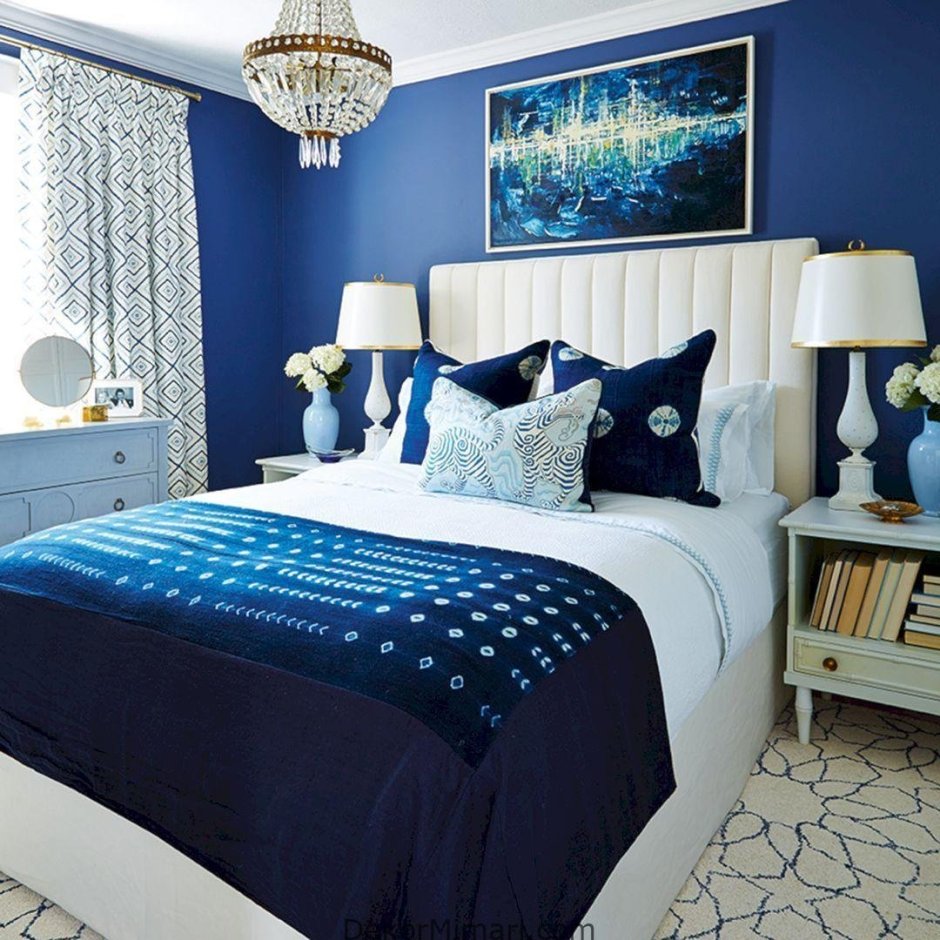 Спальня в сине белых тонах (75 фото)