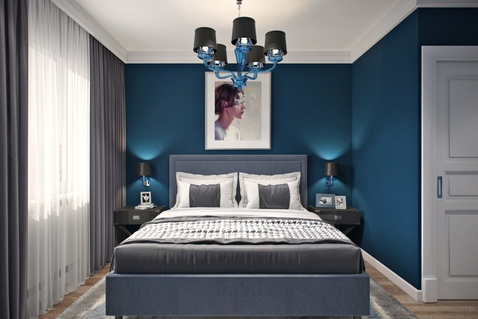 Спальня с синей стеной