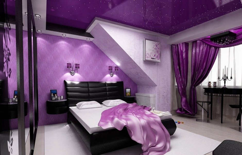 Дизайн спальни в фиолетовых тонах (75 фото)