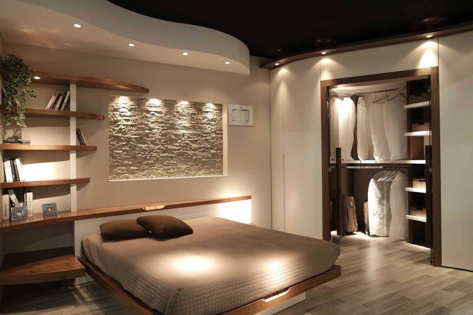 Спальня с гардеробной из гипсокартона