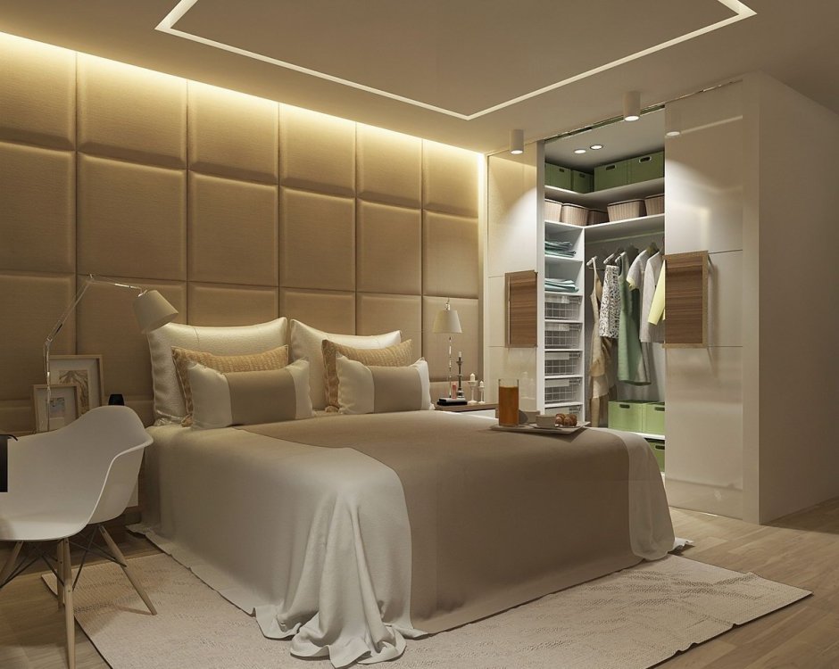 Современный дизайн спальни с гардеробной (74 фото)