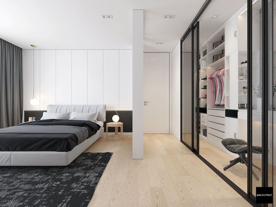 Спальня с гардеробной в современном стиле Минимализм
