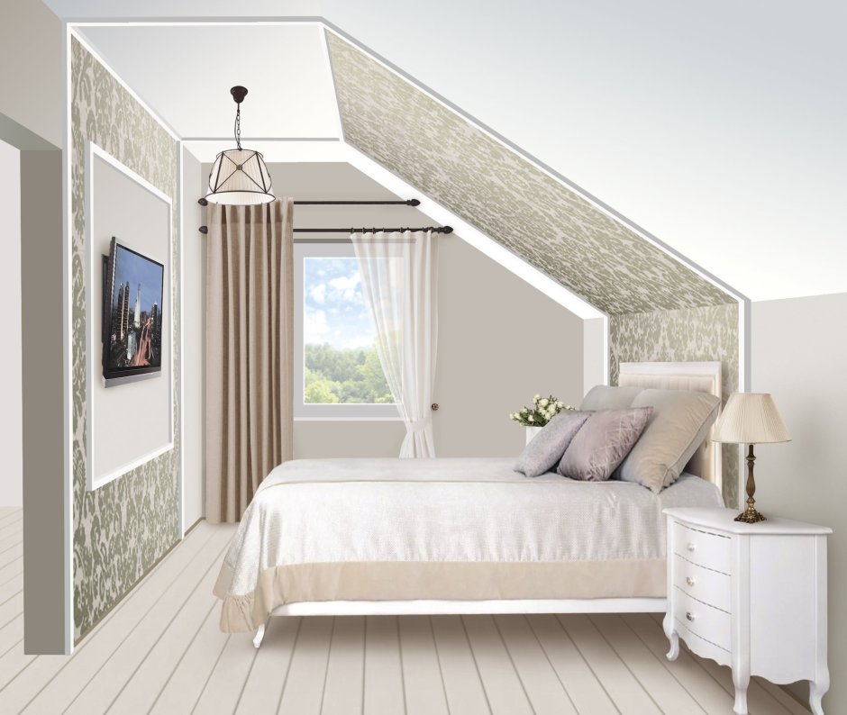 Дизайн спальни со скошенным потолком (71 фото)