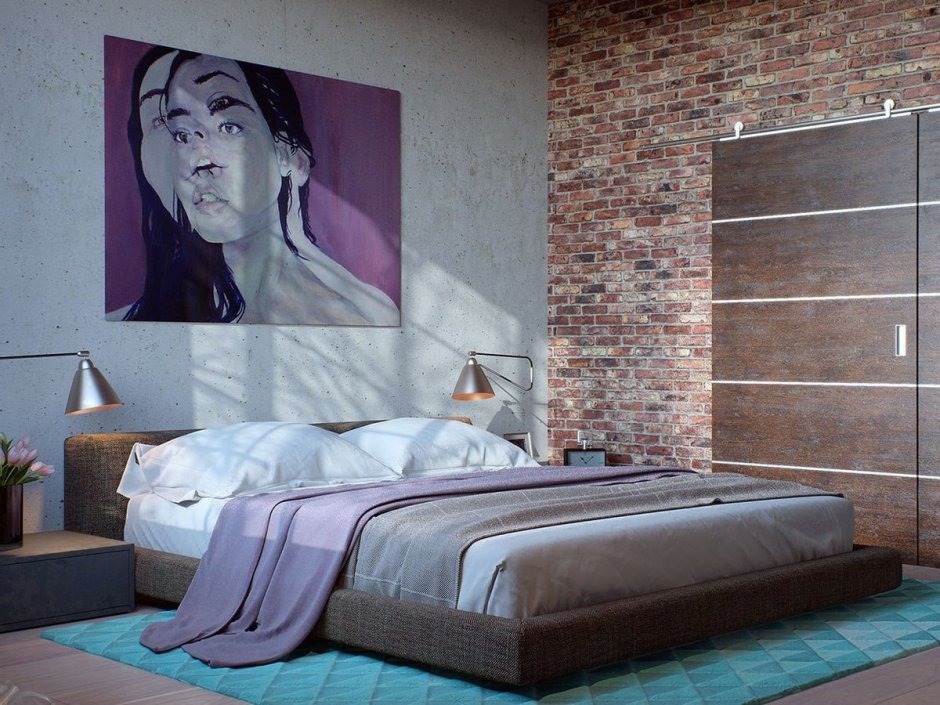 Спальня в стиле лофт бетонные стены