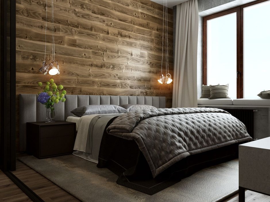 Спальня лофт с деревянной стеной