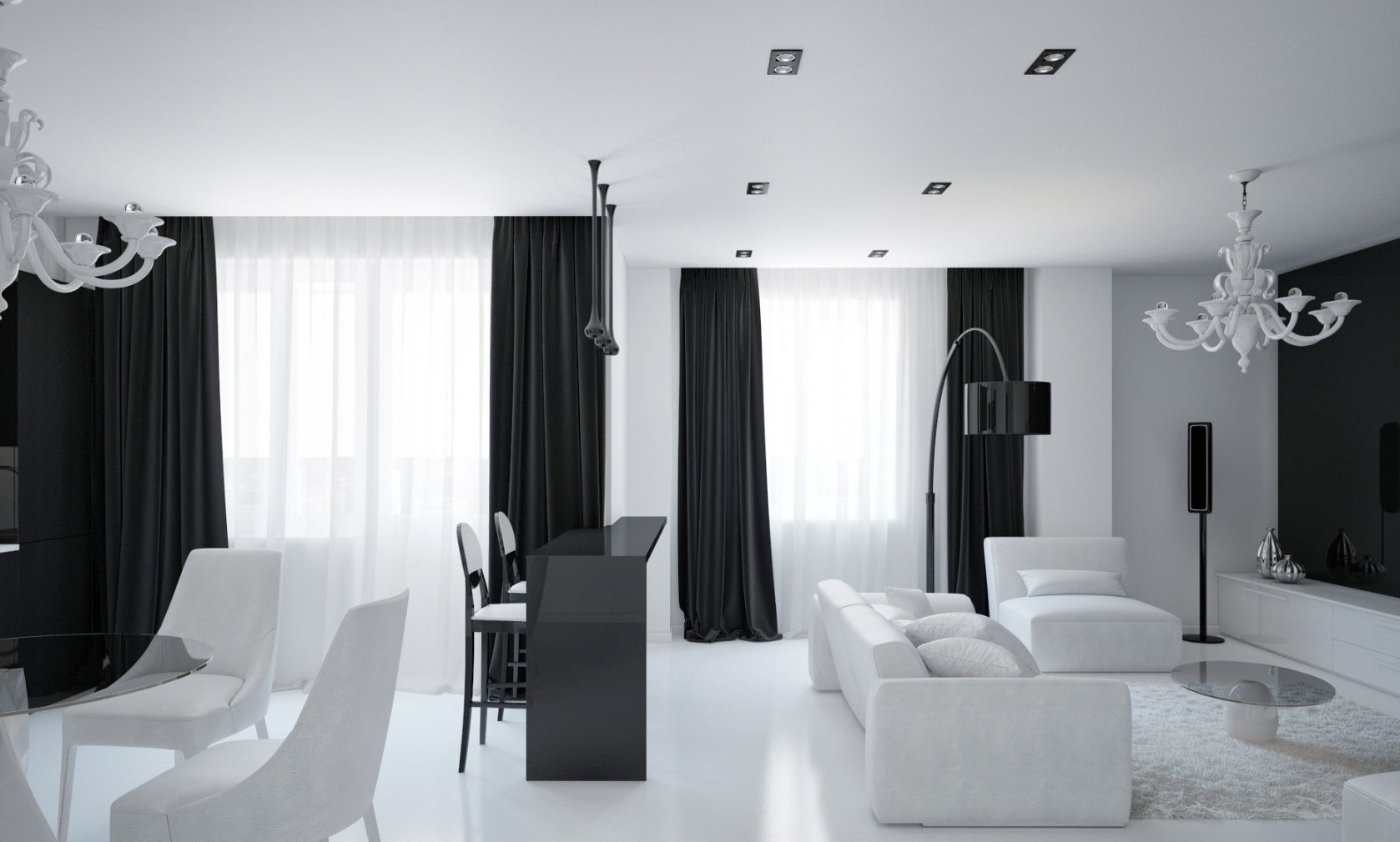 Гостиная с чёрной и белой мебелью