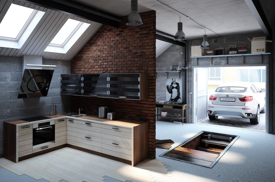 Двухэтажный гараж в стиле лофт