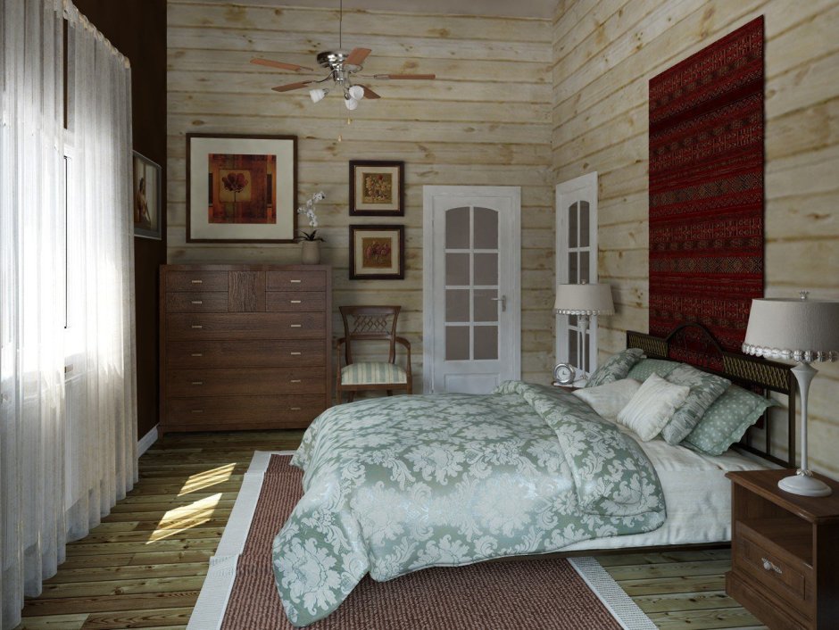 Спальня в стиле Кантри в деревянном доме