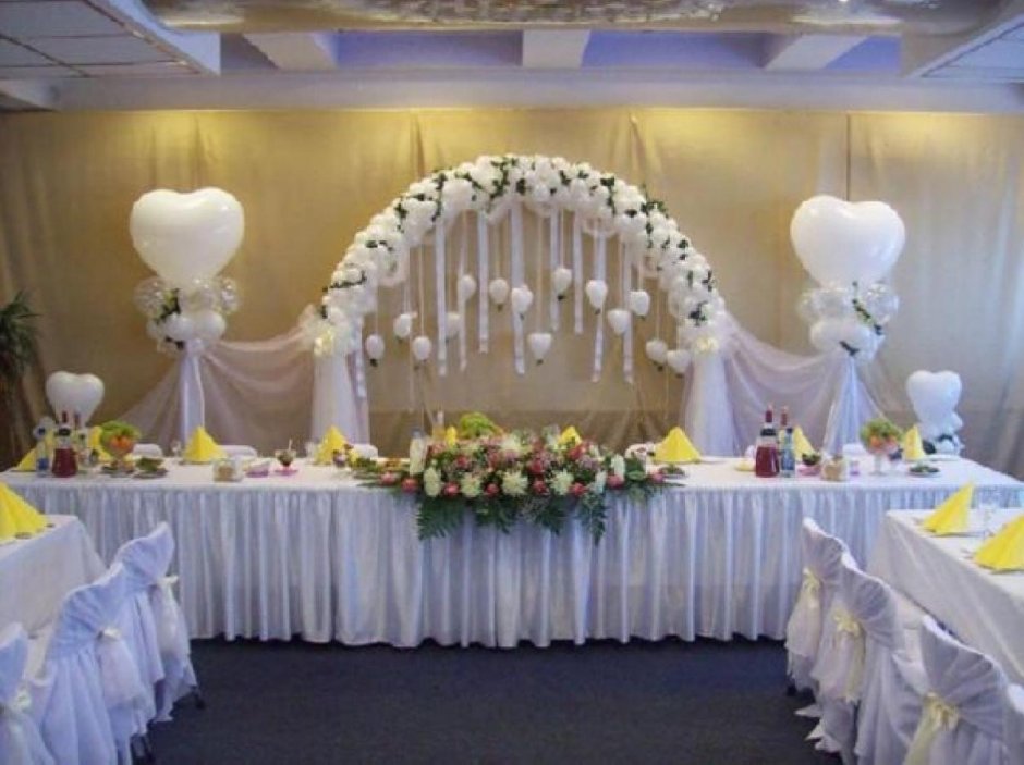 Украшение банкетного зала на свадьбу шарами и цветами