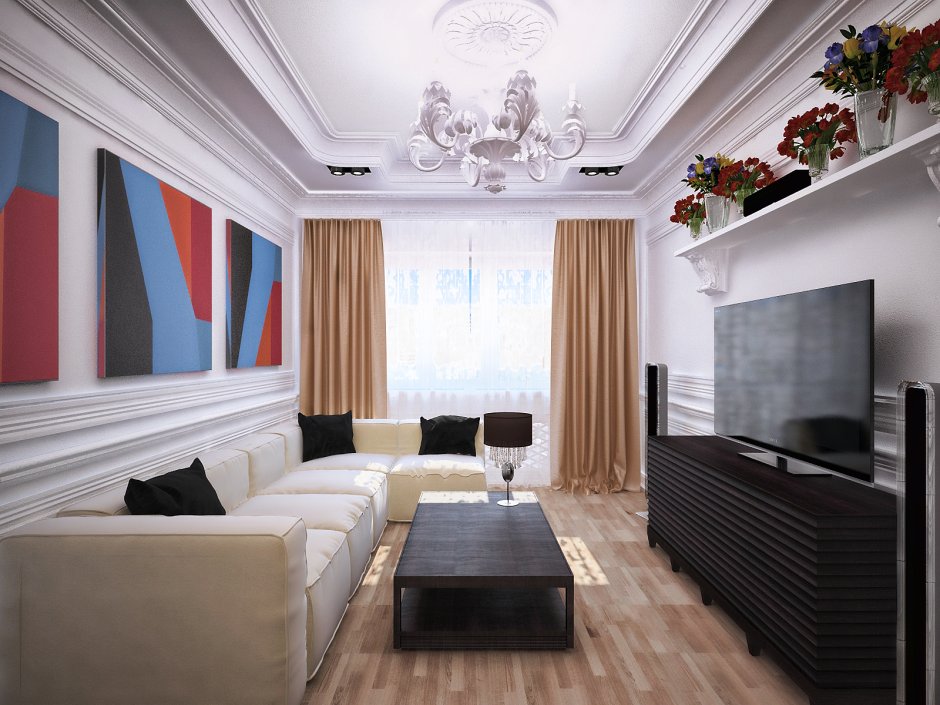 Узкая гостиная в современном стиле