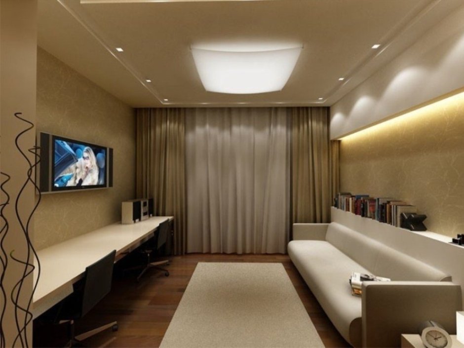 Интерьер длинной гостиной