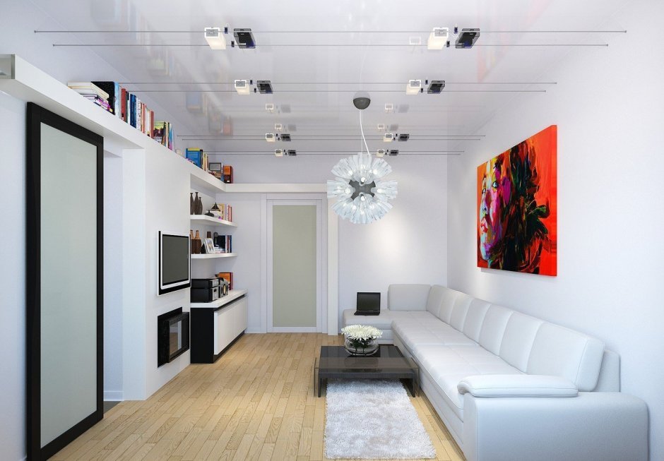 Освещение в длинной гостиной