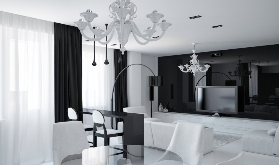 Черно белый интерьер гостиной
