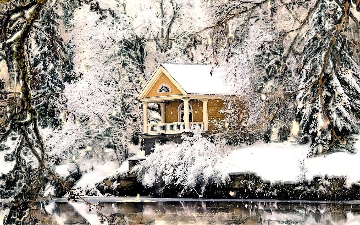 Домик и снежные деревья