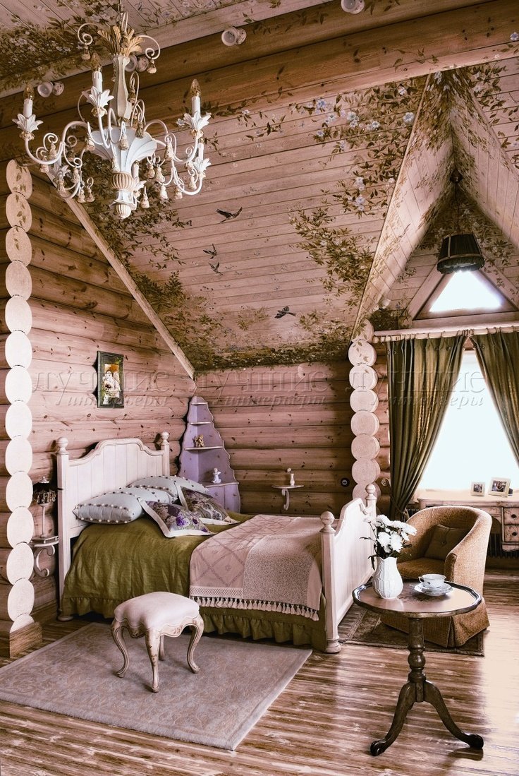 Спальня в стиле Кантри в бревенчатом доме