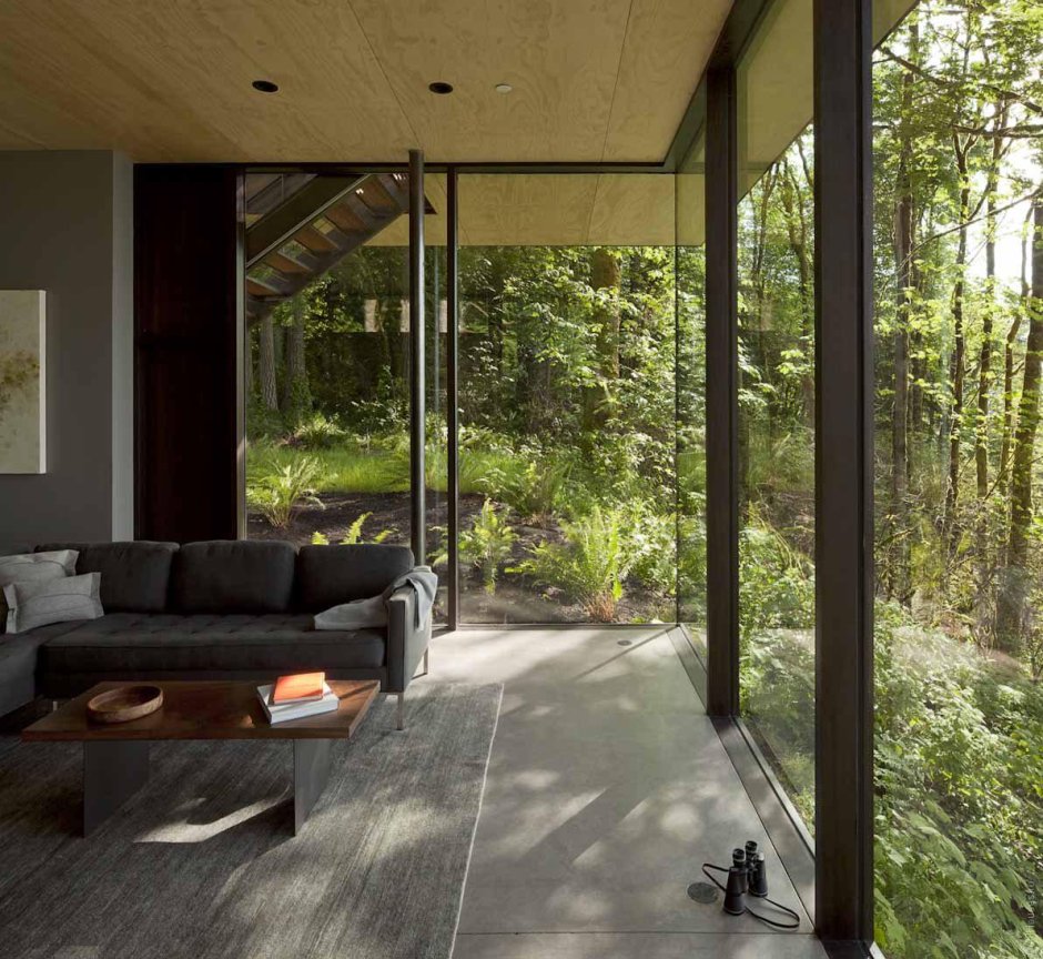 Гостиная с панорамными окнами в лесу