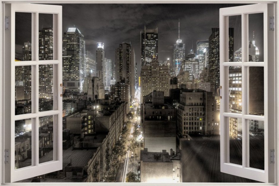 Фотообои на стену окно с видом на город