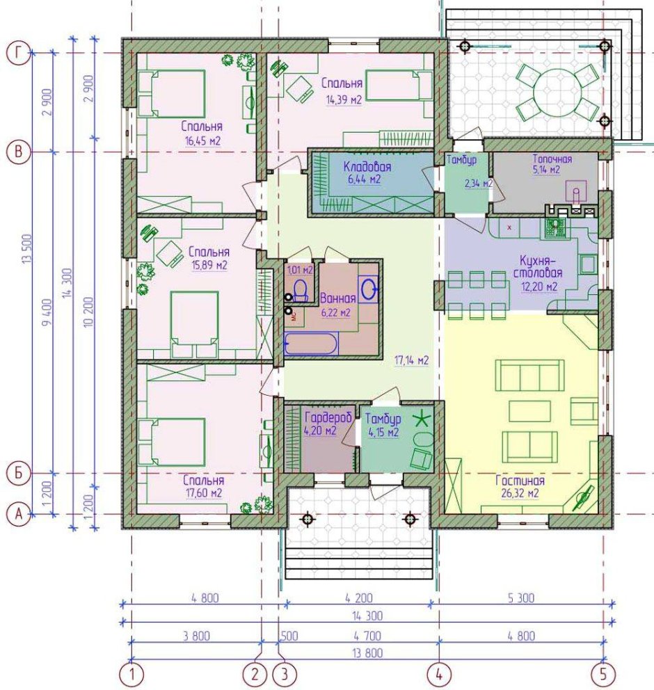 Планировка 4-х комнатного одноэтажного дома