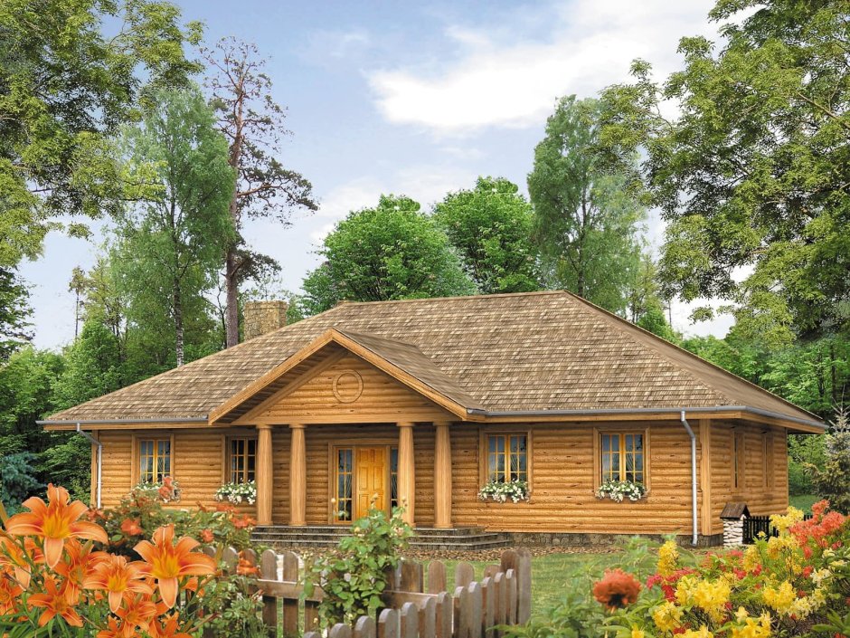 Одноэтажный деревянный дом с вальмовой крышей
