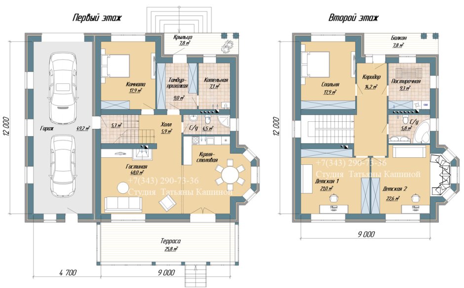 План двухэтажного дома с размерами комнат
