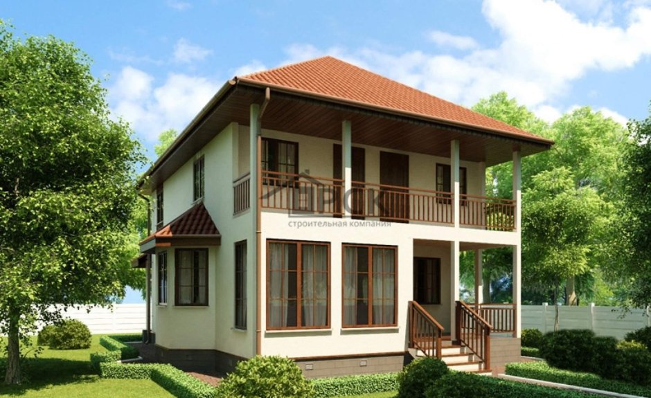 Двухэтажный дом с верандой и балконом