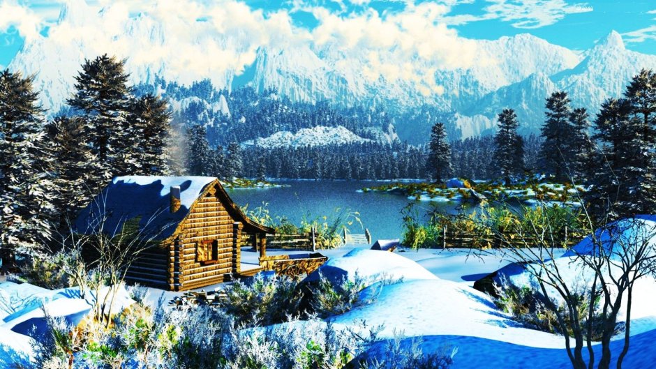 Дом у озера зима