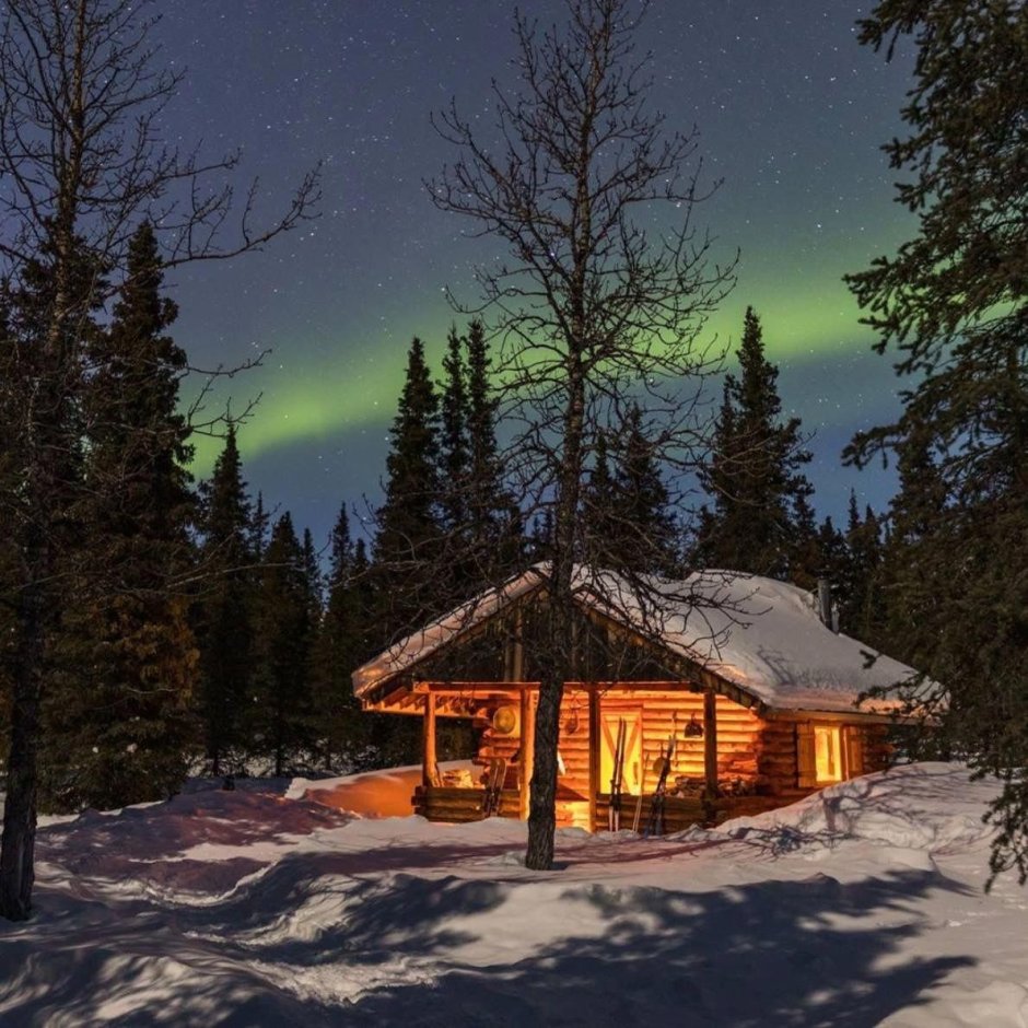 Деревянный домик в лесу зимой