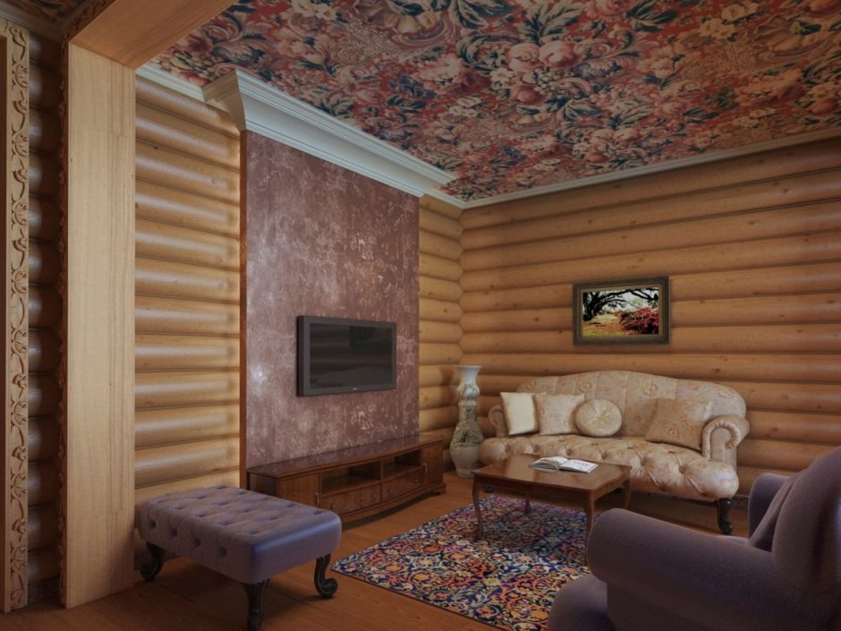 Интерьер комнаты отделанной имитацией бруса