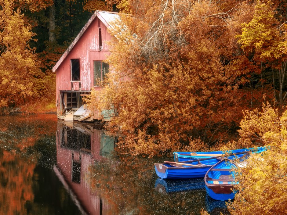 Дом у озера осень