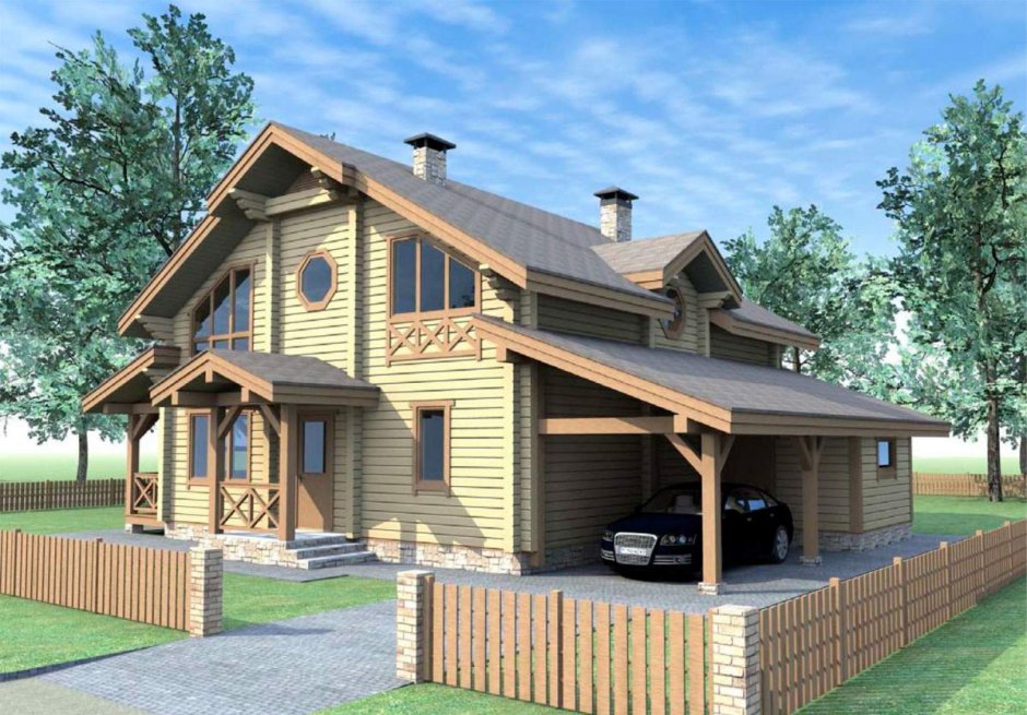 Деревянный загородный дом с гаражом