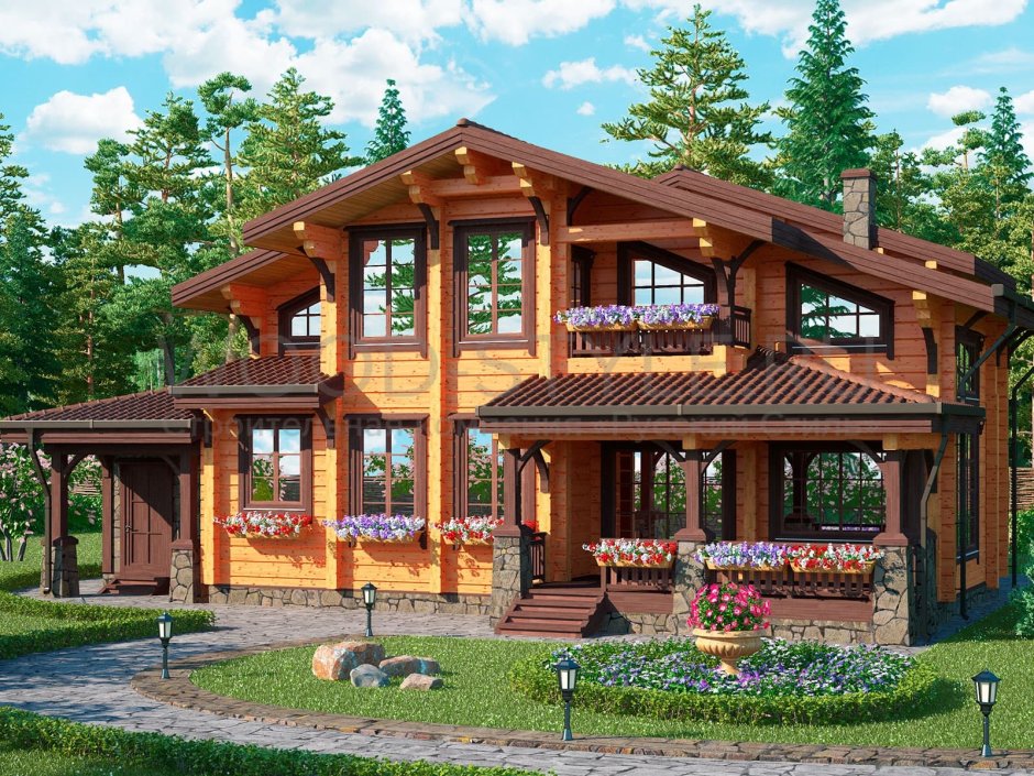 Одноэтажный деревянный дом с гаражом