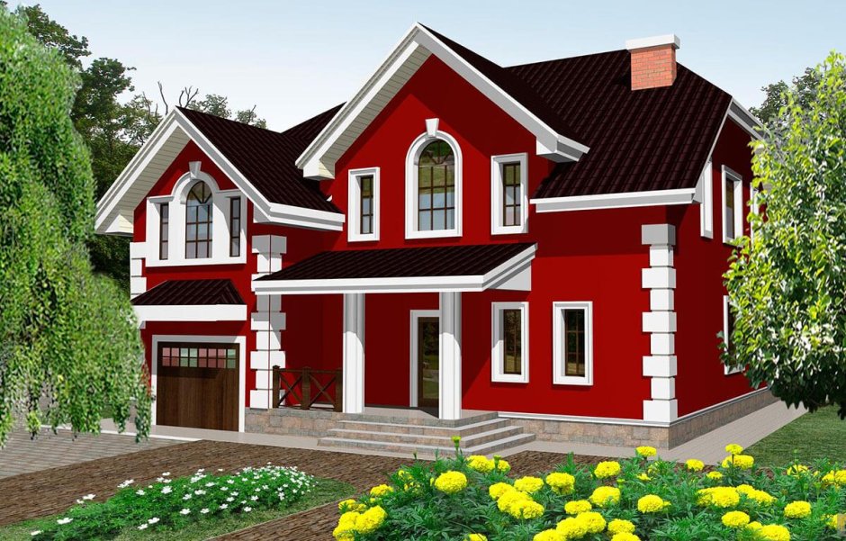 Дом из красного кирпича с коричневой крышей