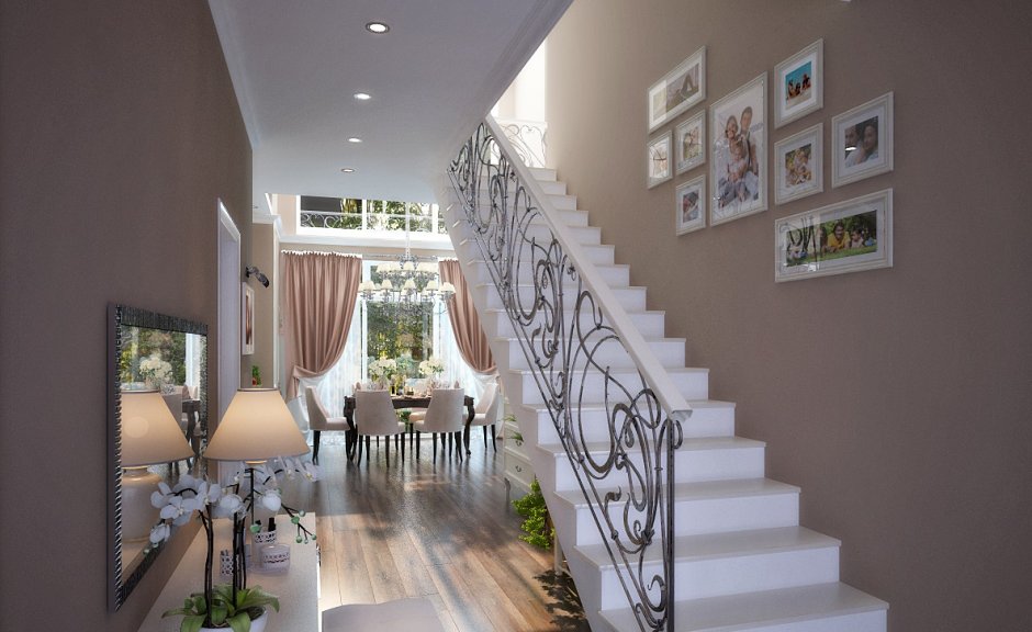 Интерьер дома с лестницей в холле