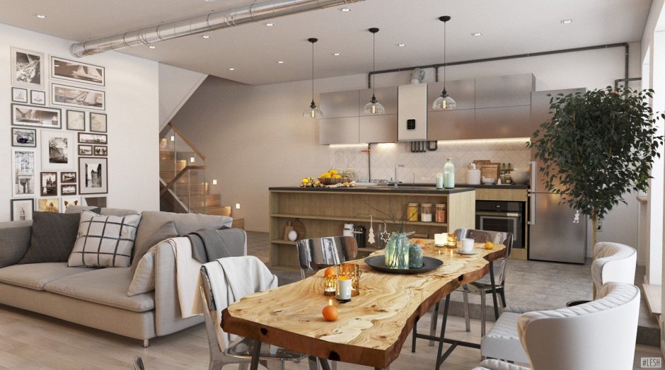 Уютная современная гостиная кухня