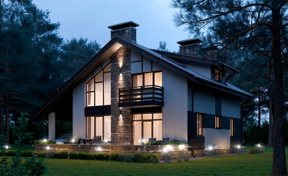Кирпичный дом с панорамными окнами двухэтажный