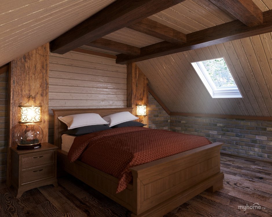 Спальня в деревянном доме на мансардном этаже