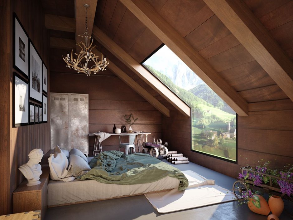 Спальня на мансарде в стиле лофт в деревянном доме